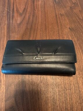 Coach Black Leather Fold-Over Continental Wallet with Silver Logo